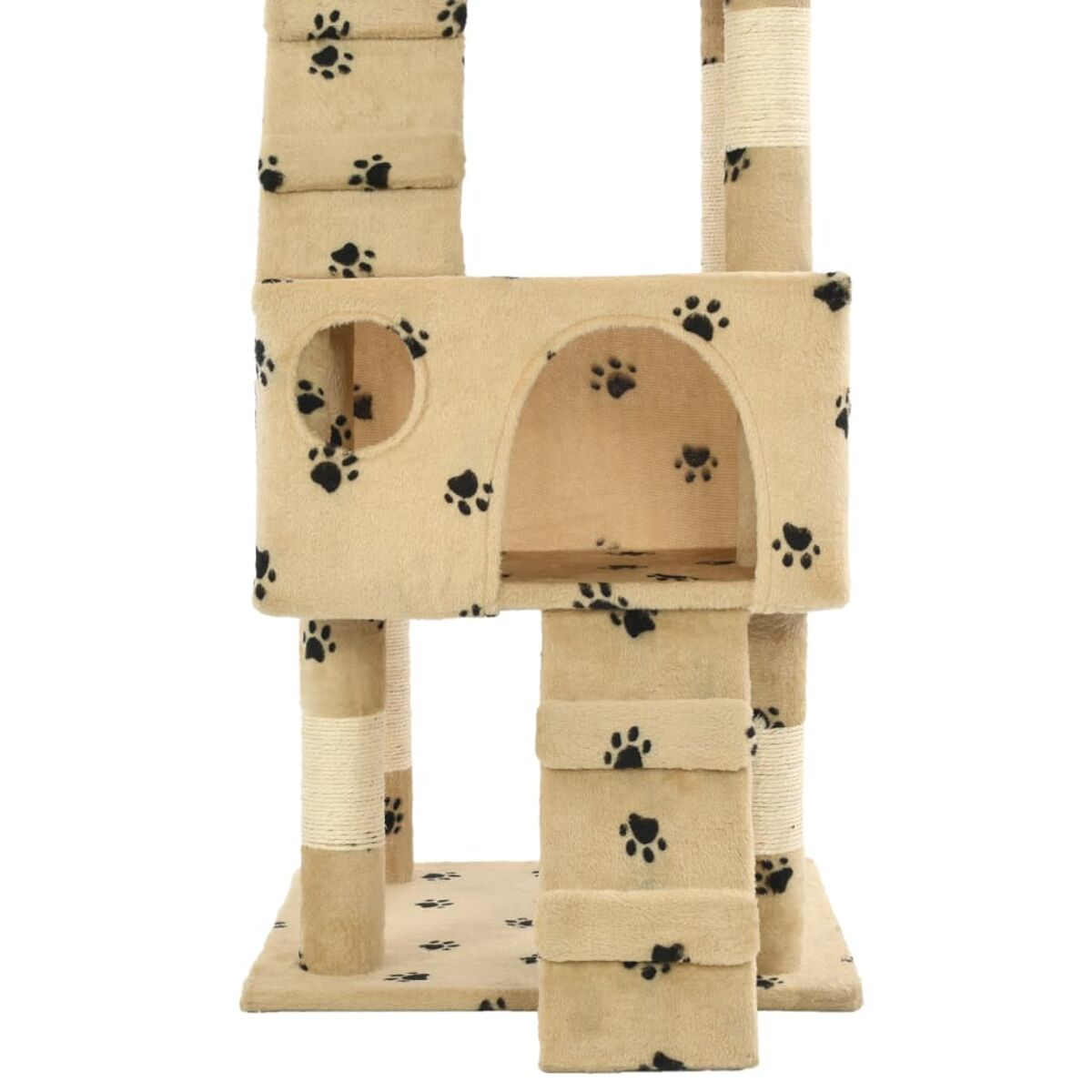 Katzenbaum mit mehreren Ebenen, Kratzbäumen und einem gemütlichen Katzenhaus mit Pfotenabdrücken.