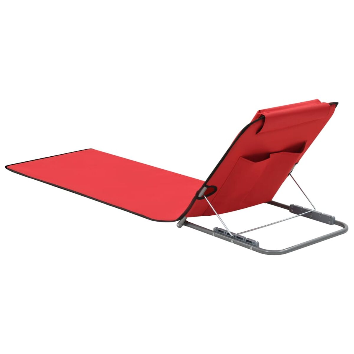 Roter Strandstuhl mit schwarzem Rand, aufgeklappt, mit Taschen.