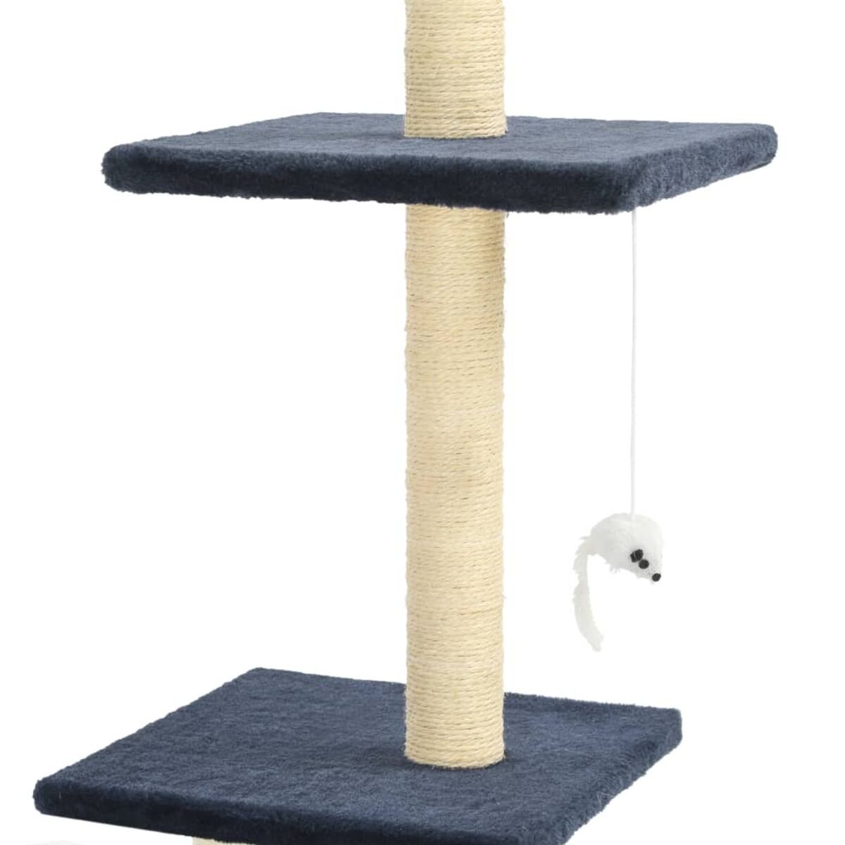 Kratzbaum mit zwei Plattformen, einem mit Seil umwickelten Pfosten und einer Spielzeugmaus.
