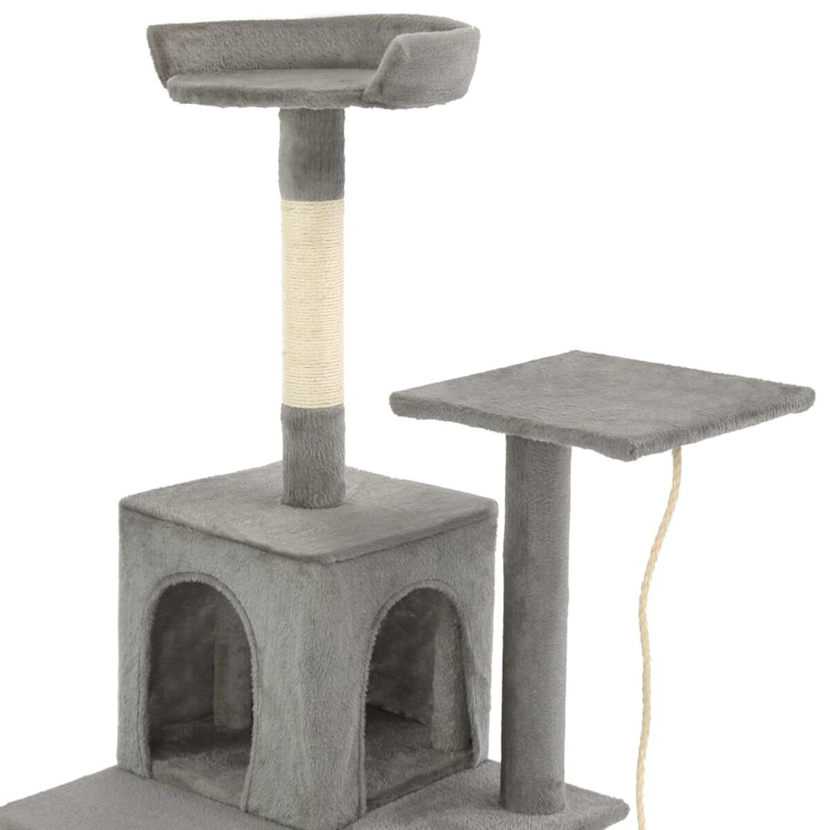 Ein grauer Katzenbaum mit Würfel, Hängematte und Plattformen vor weißem Hintergrund.