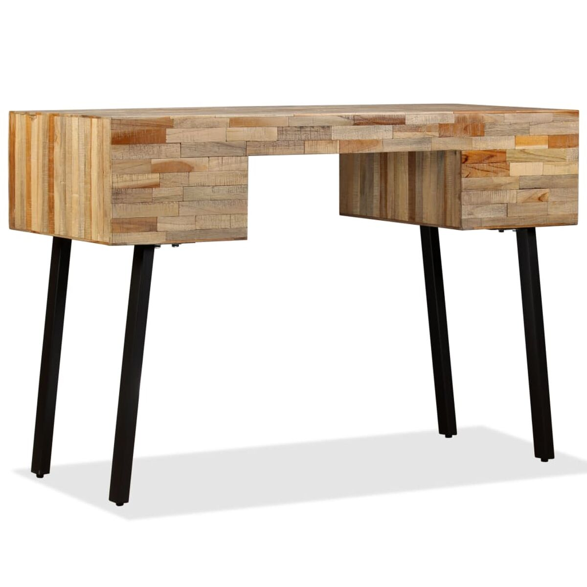 Holzschreibtisch mit zwei Schubladen und schwarzen Metallbeinen. Hellbraunes Holz.