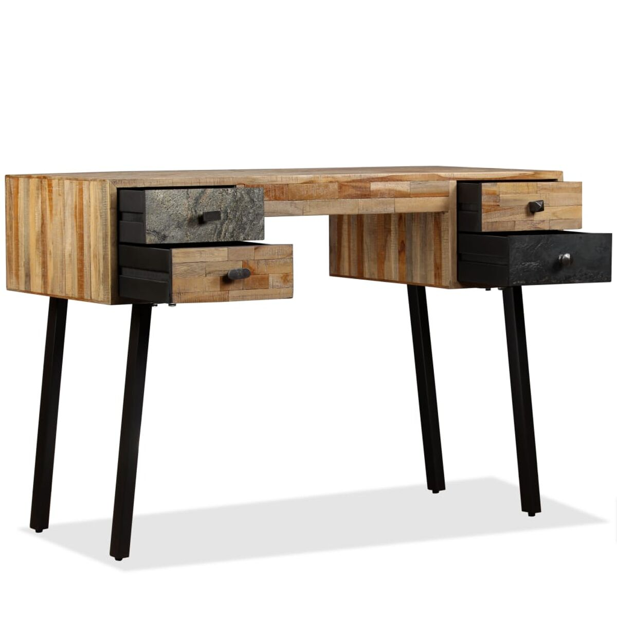 Holzschreibtisch mit mehreren Schubladen, schwarzen Beinen und einem natürlichen Holzton.