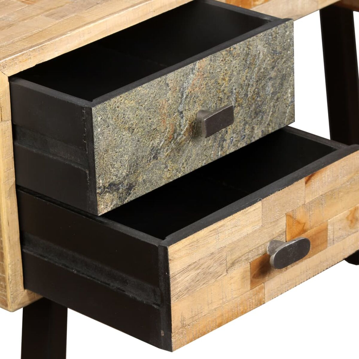 Holzschreibtisch mit zwei Schubladen, eine mit Steinoptik, die andere schwarz, und schwarzen Beinen.