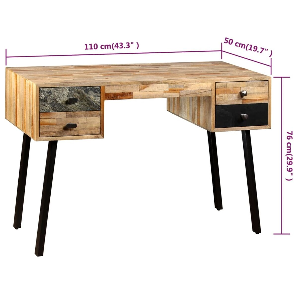 Ein Holzschreibtisch mit Schubladen und schwarzen Beinen. Der Schreibtisch hat Messungen darauf notiert.