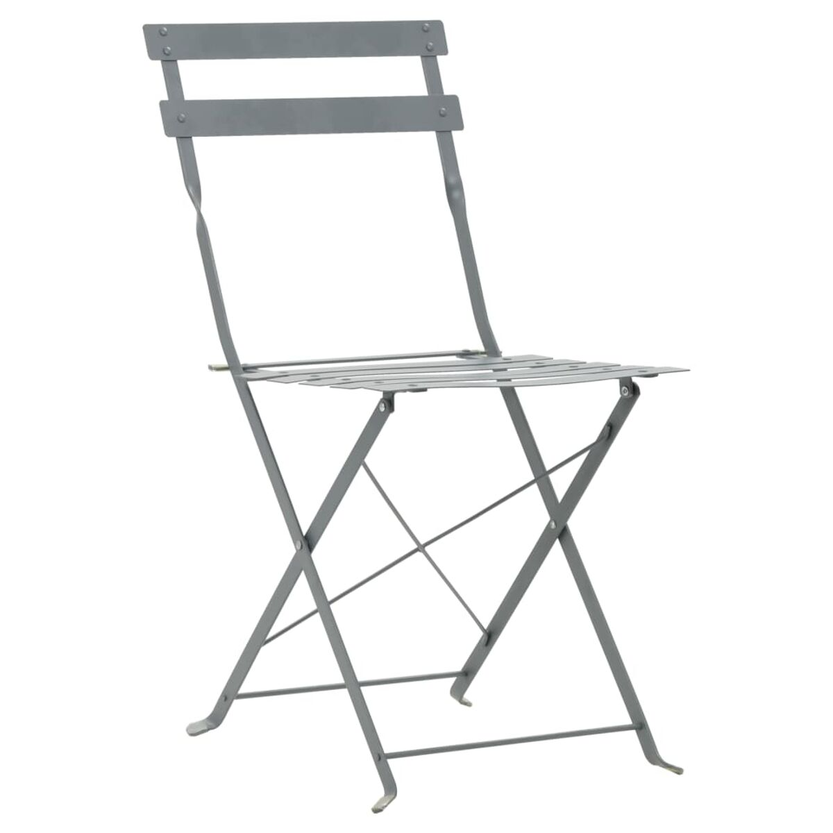Grauer Metall-Klappstuhl. Der Stuhl ist von vorne abgebildet und ist ausgeklappt.