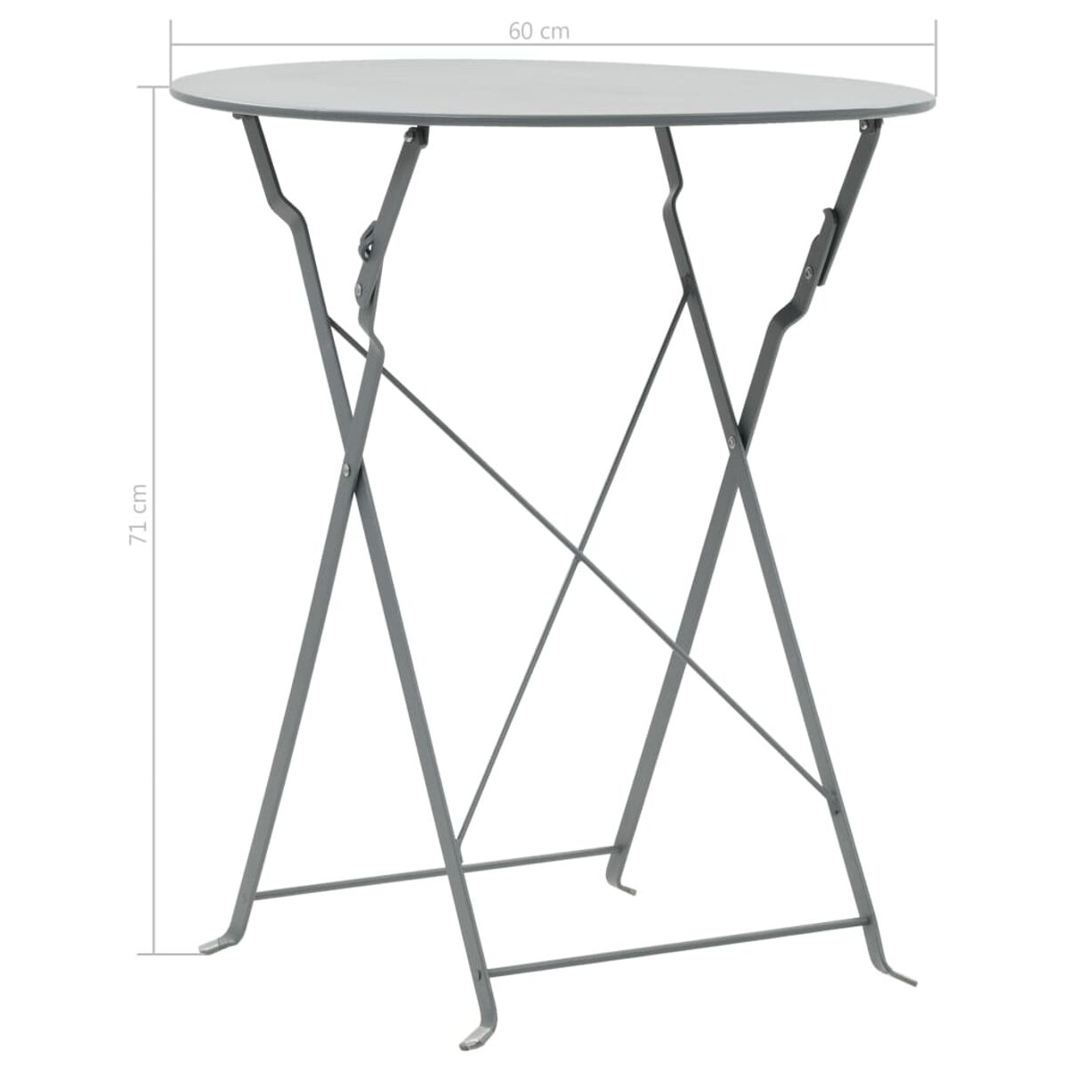Grauer Metall-Klapptisch mit Maßen, 60 cm Durchmesser, 71 cm hoch.