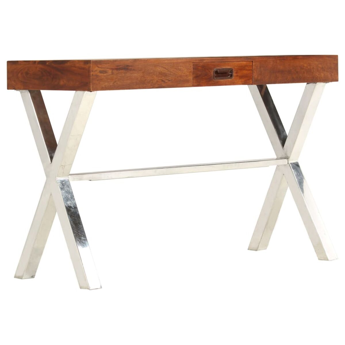 Holzschreibtisch mit Schublade, brauner Platte, silbernen Beinen in X-Form. Weißer Hintergrund.