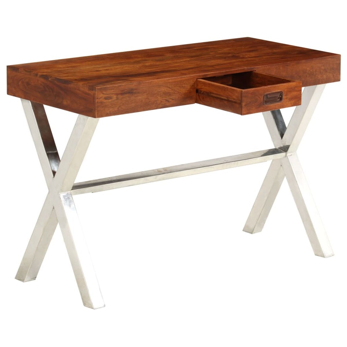 Holzschreibtisch mit Schublade, Edelstahlbeine, braune Oberseite, offene Schublade.
