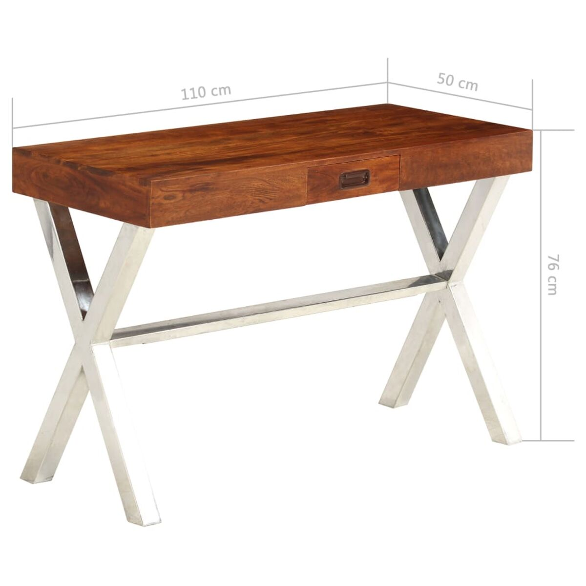 Ein Holzschreibtisch mit Schublade und Edelstahlbeinen, Maße sind angegeben.