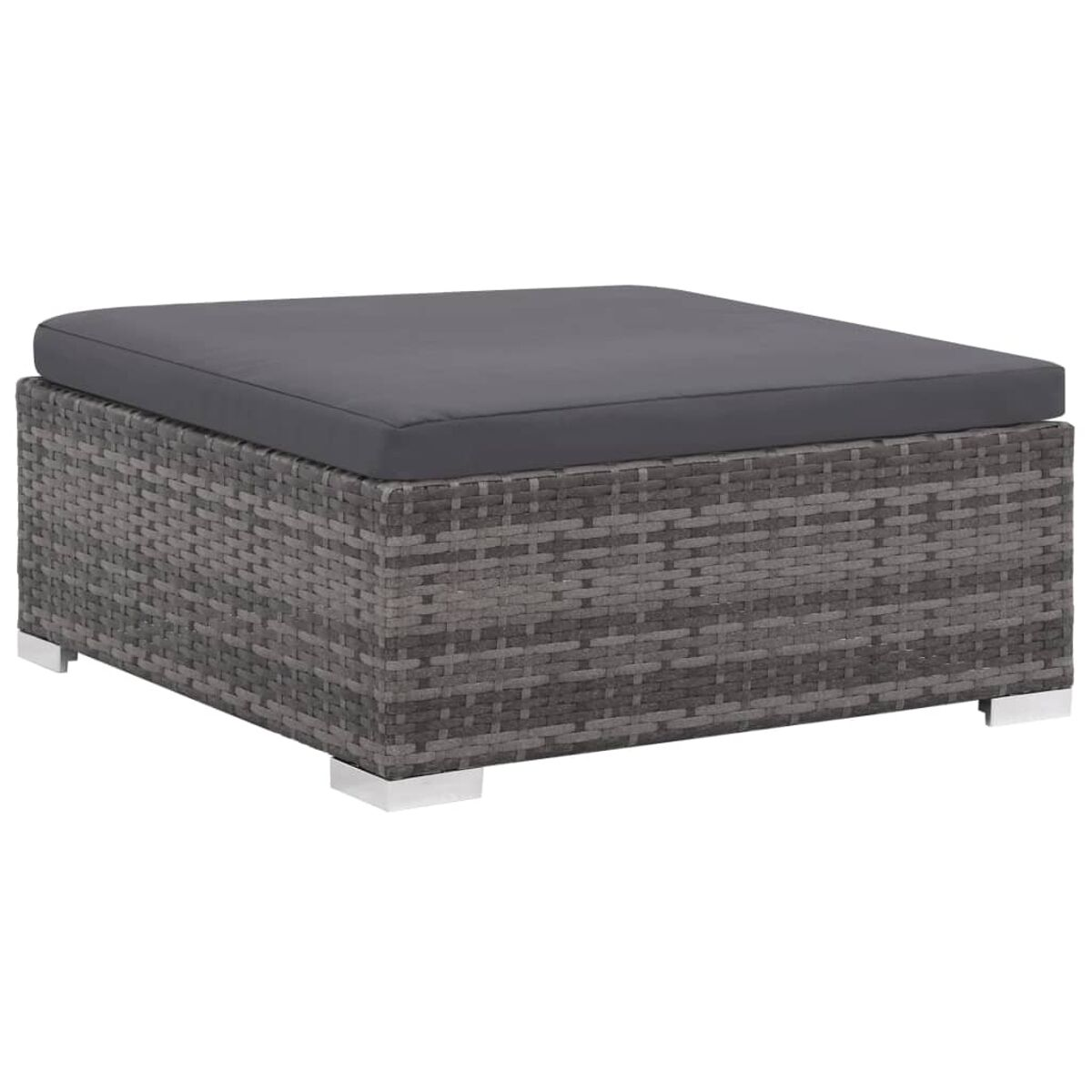 Grauer quadratischer Hocker aus Korbgeflecht mit dunkelgrauem Kissen. Quadratische Basis mit Füßen.