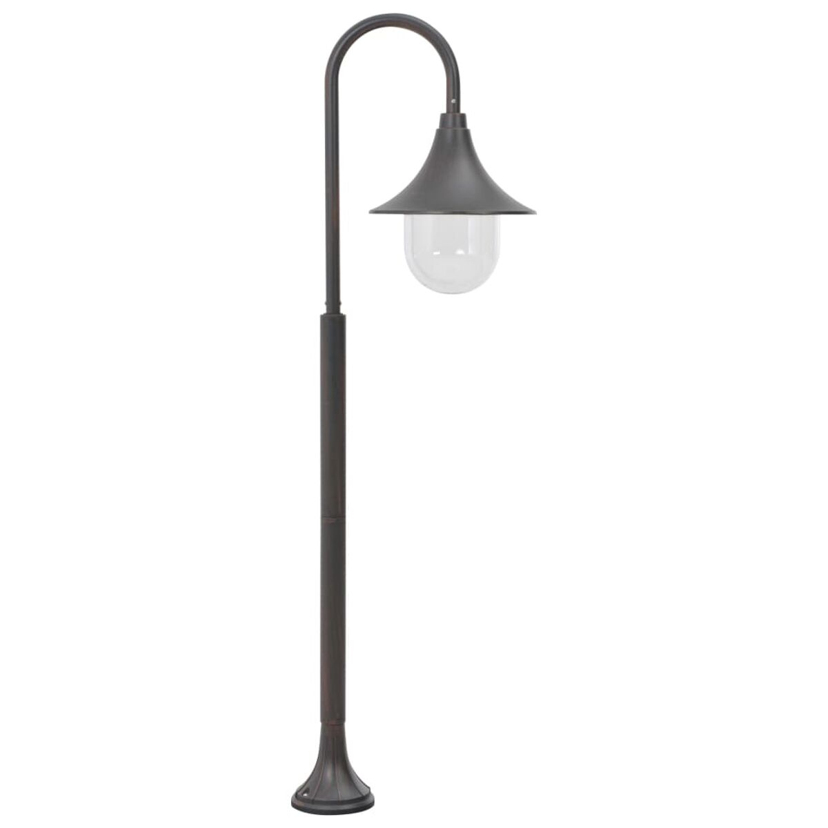 Schwarze Straßenlaterne mit klarer Glaskugel. Dunkelbrauner Pfahl und Sockel.