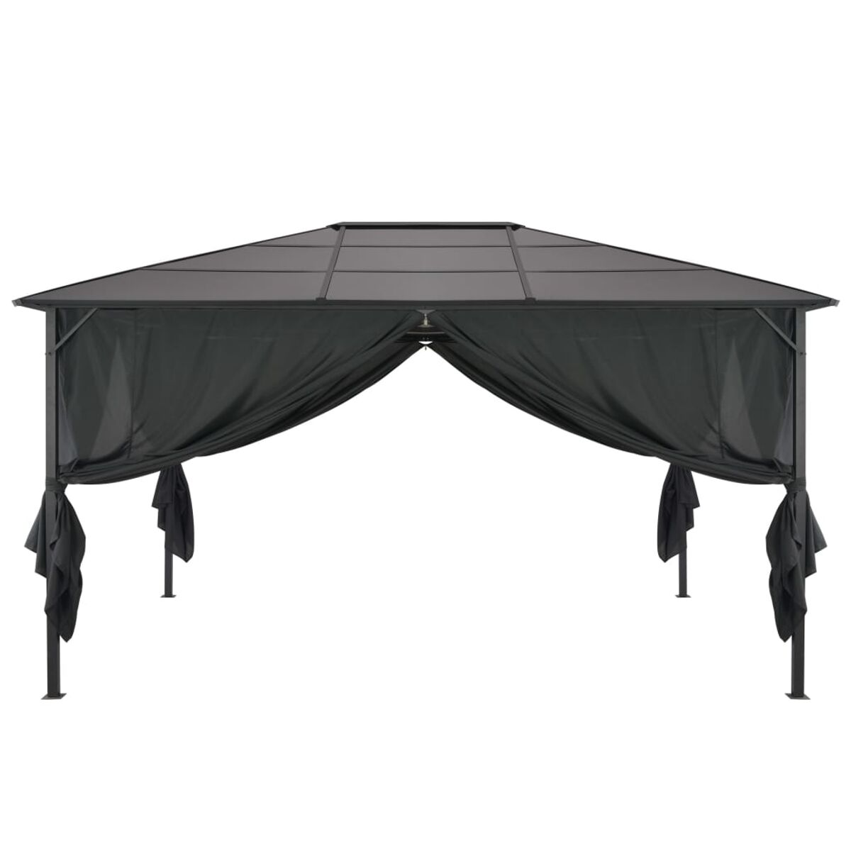 Pavillon mit dunklem Dach und schwarzen Vorhängen. Weißer Hintergrund.