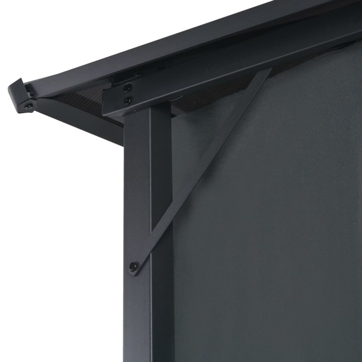 Schwarze Metallkonstruktion, Eckdetail, mit Nieten und dunkelgrauem Material.