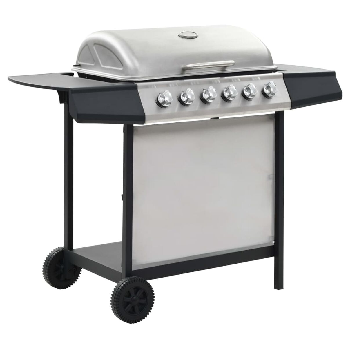Edelstahlgrill mit schwarzem Rahmen und Rädern. Er hat einen Deckel, Brenner und Ablagen.