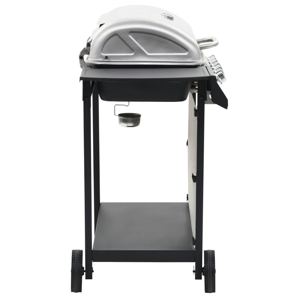 Silberner Grill auf einem schwarzen Wagen mit Rädern.