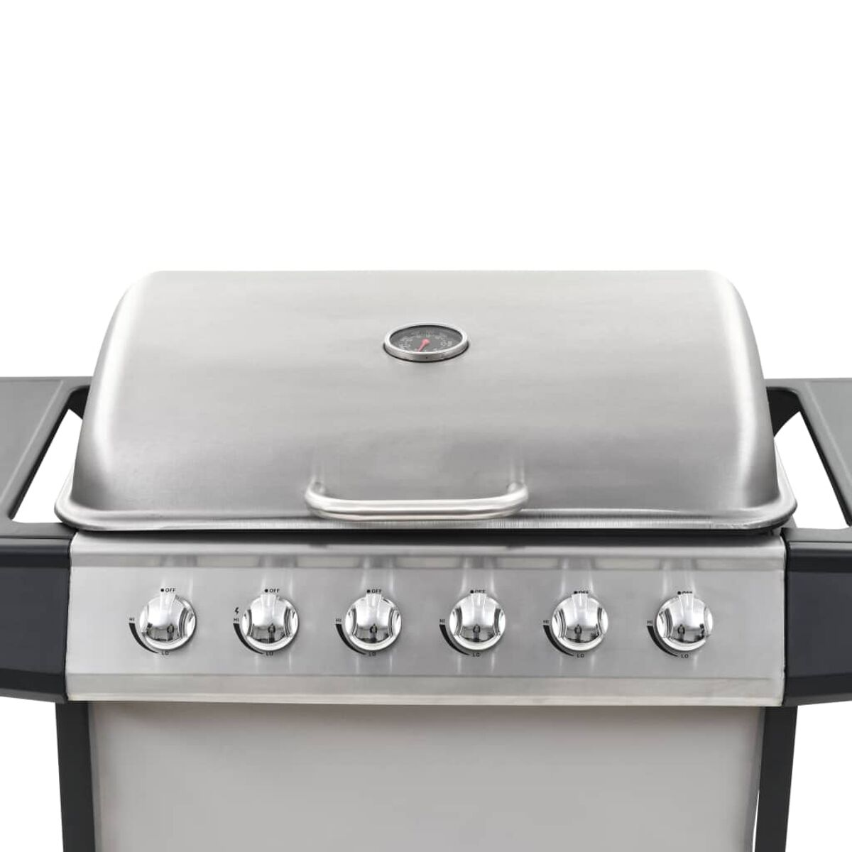 Ein Edelstahlgrill mit Deckel, Bedienelementen und Thermometer.