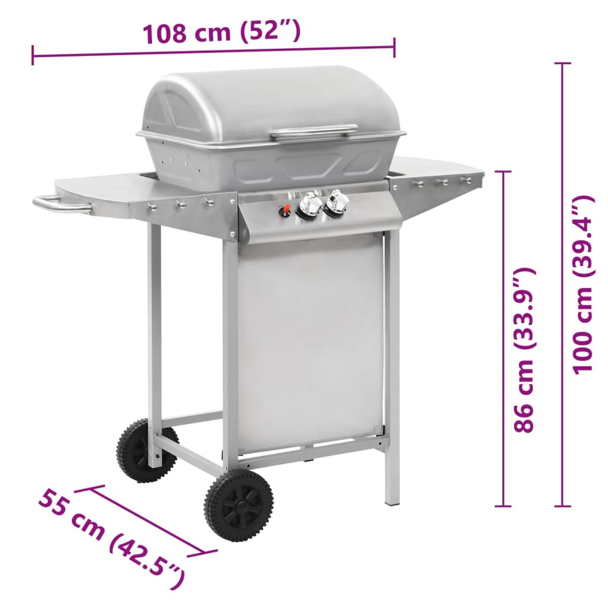 Silberner Grill mit Deckel auf einem Ständer mit cm-Maßen, mit zwei Rädern.