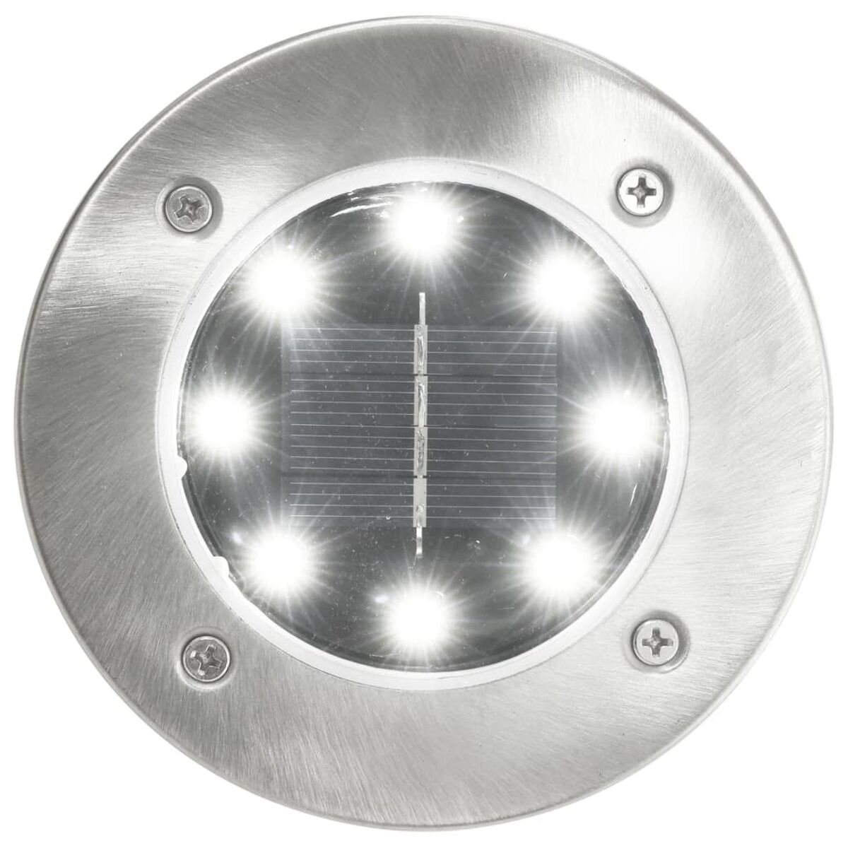 Runde silberne LED-Außenleuchte mit mehreren hellen LEDs.