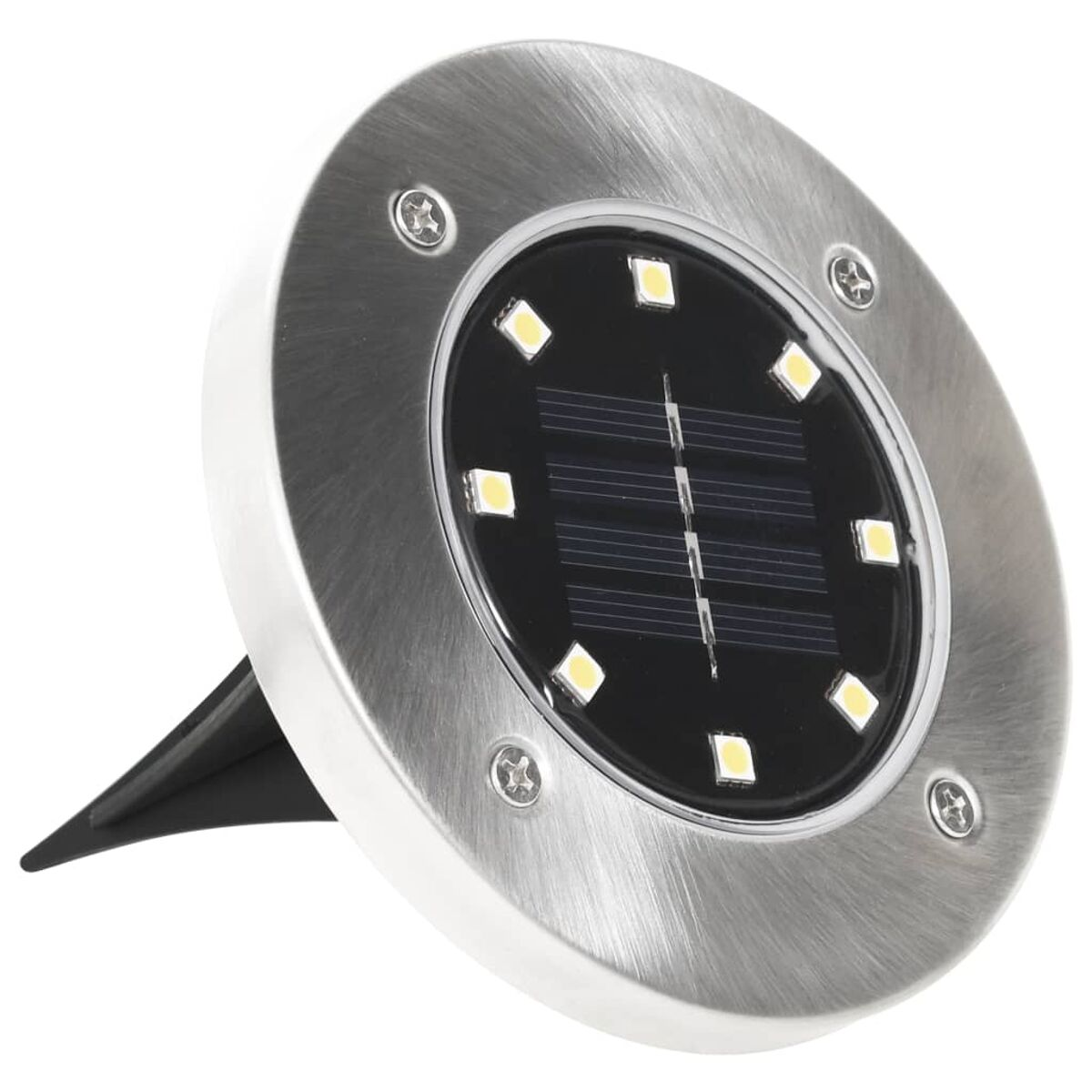 Solarbetriebenes Gartenlicht, runde Form. Silberner Rahmen mit schwarzem Solarpanel und kleinen Lichtern.