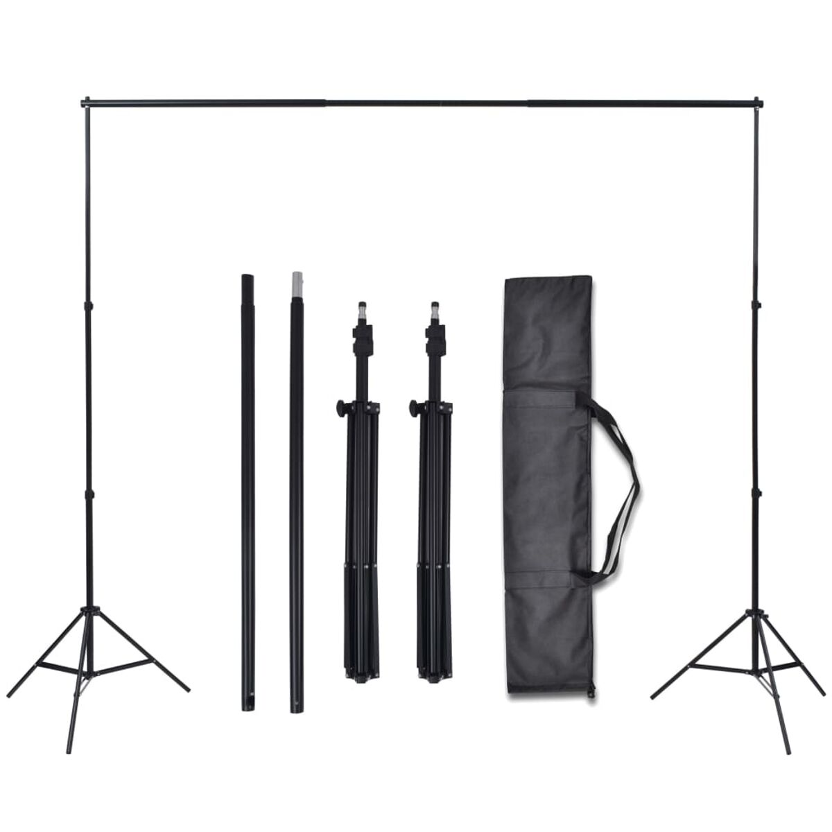 Fotostudio-Hintergrundständer mit Stangen, Trägern und einer schwarzen Tragetasche.