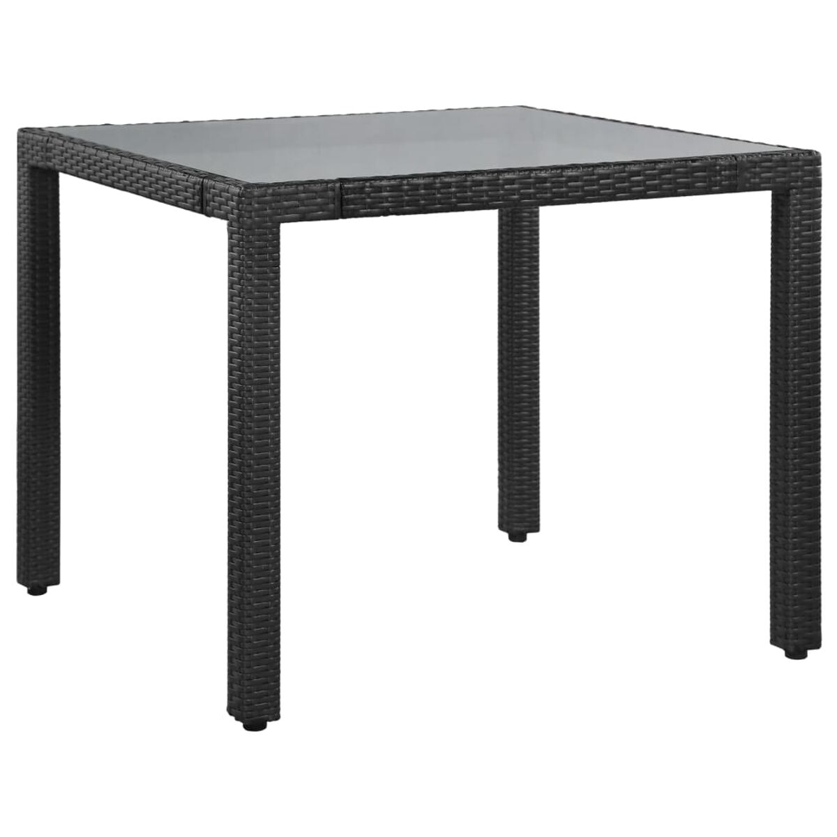 Schwarzer quadratischer Gartentisch mit Glasplatte. Er hat eine gewebte Textur und vier Beine auf weißem Hintergrund.
