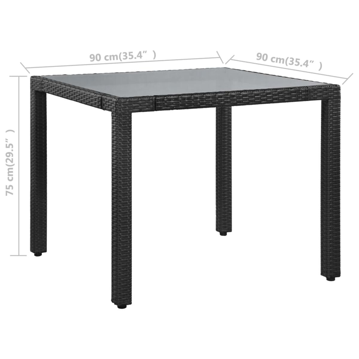 Quadratischer Gartentisch. Korb-Stil. Glasplatte. Maße: 90x90x75 cm.