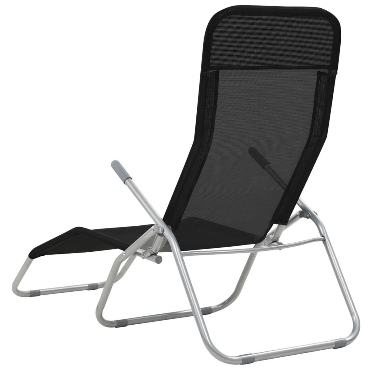 Schwarzer Outdoor-Liegestuhl aus Netzstoff. Er besteht aus Metall und schwarzem Netzstoff.