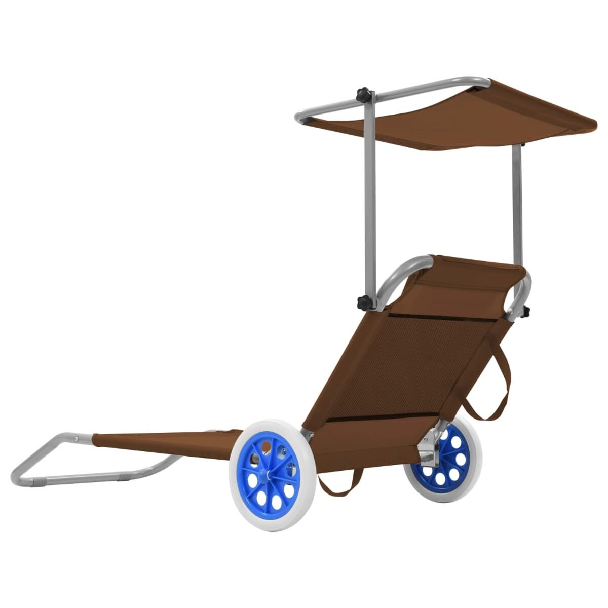 Brauner Strandstuhl mit Sonnensegel, auf Rädern, für einfachen Transport am Strand.
