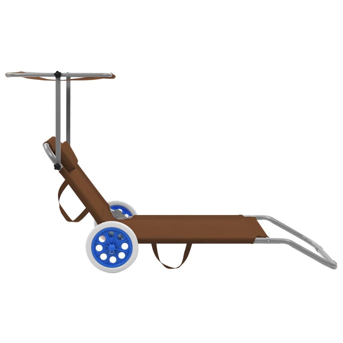 Brauner Strandwagen mit blauen Rädern und braunem Sitz, mit silbernem Rahmen und Sonnenschutz.