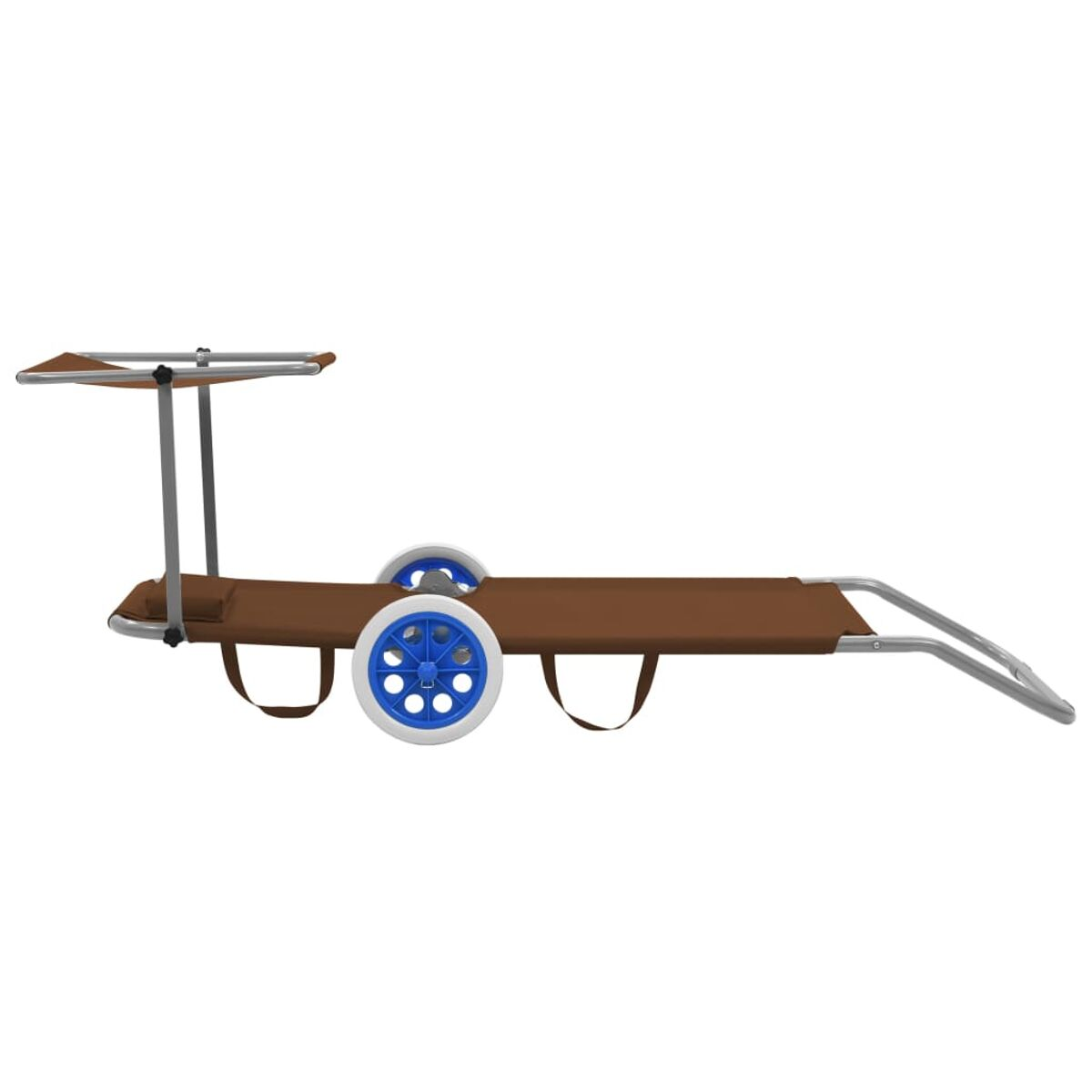 Brauner Strandwagen mit blauen Rädern und einem Baldachin. Er befindet sich auf weißem Grund.