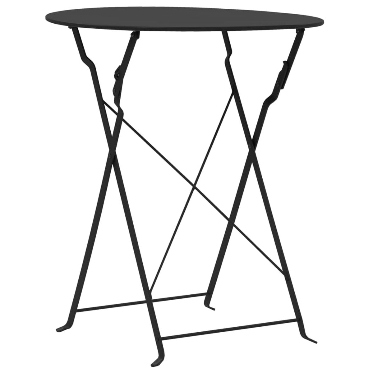 Ein schwarzer Bistrotisch aus Metall mit heruntergeklappter Platte und gekreuzten Beinen.