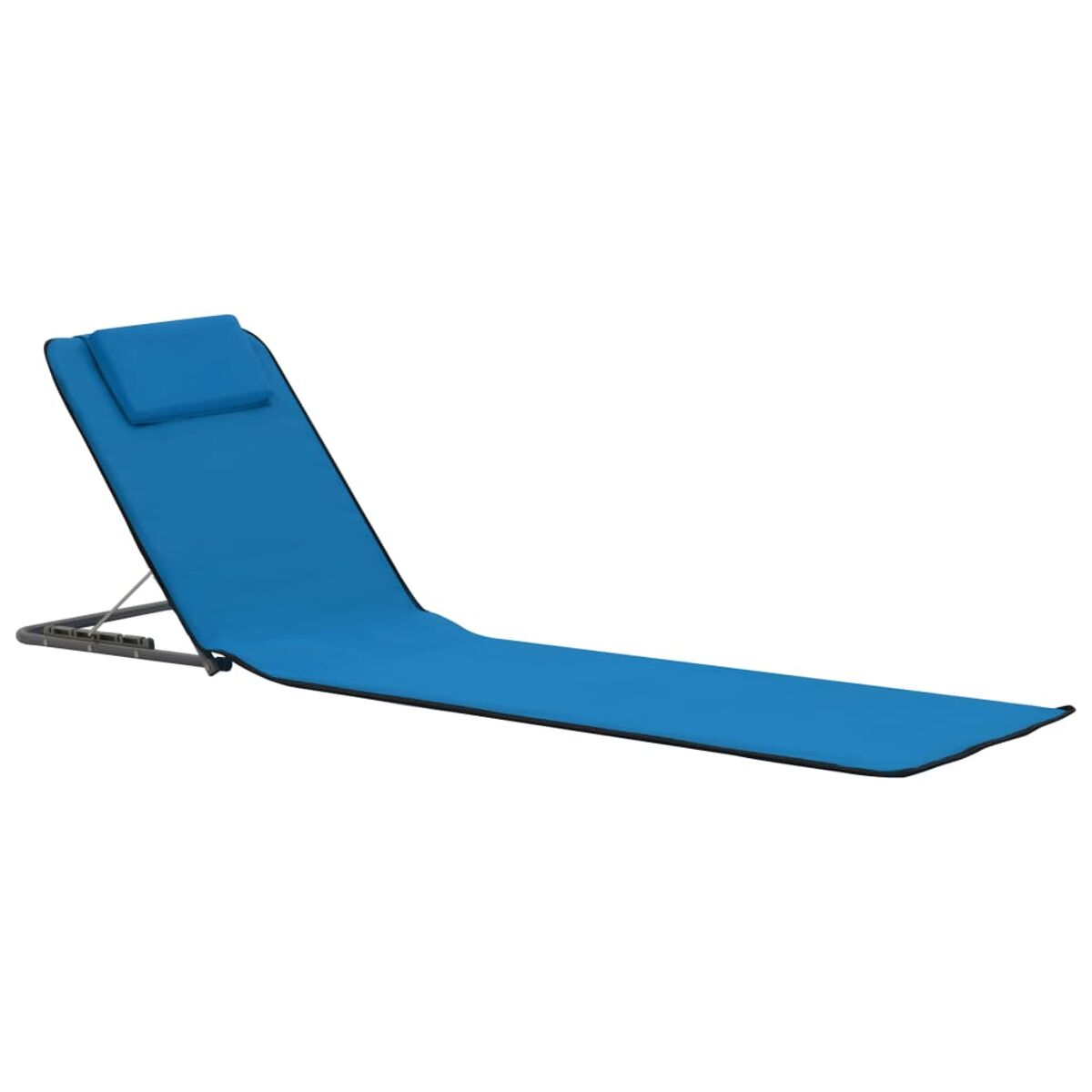 Ein blauer Strandstuhl mit schwarzem Rahmen. Der Stuhl ist in Liegeposition.