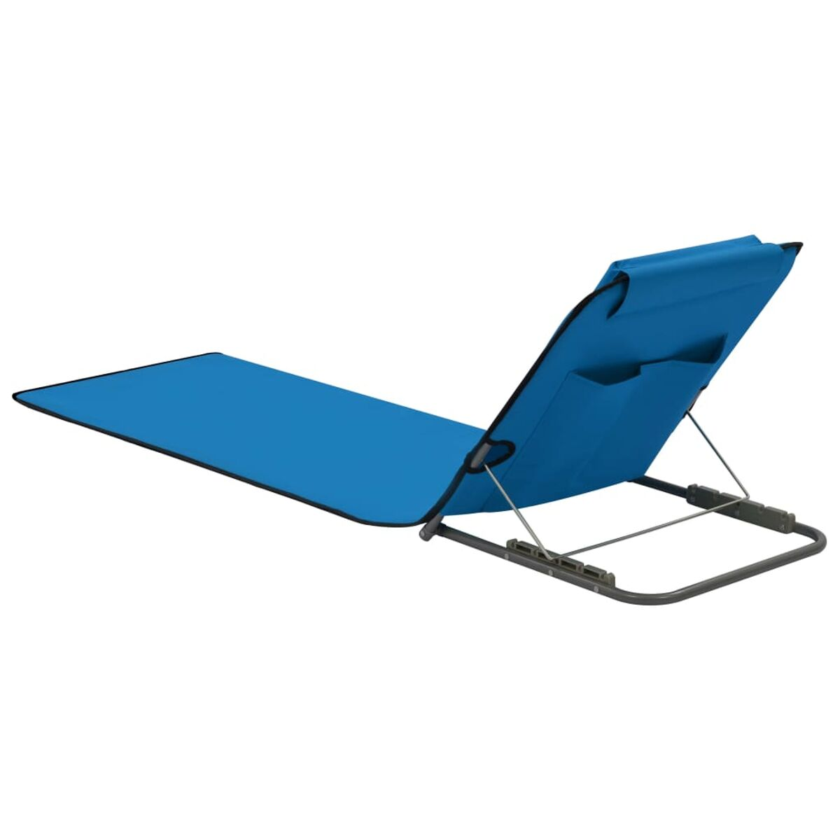 Blaues Strandtuch mit verstellbarer Rückenlehne und Taschen.