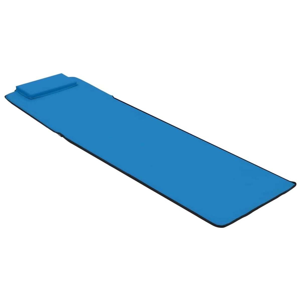 Blaue aufblasbare Matratze mit Kopfstütze, liegt auf weißem Untergrund.