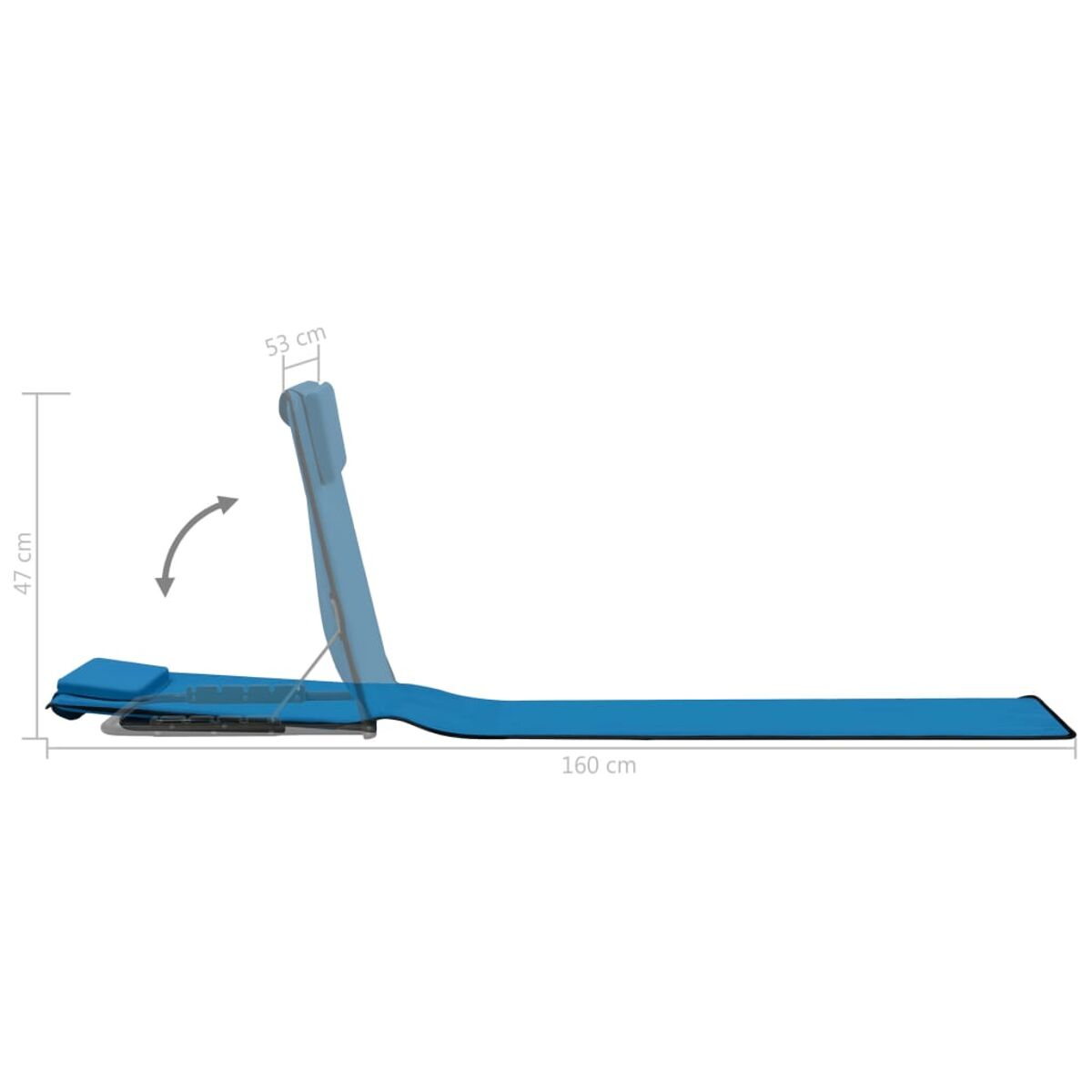 Eine blaue Strandmatte mit verstellbarer Kopfstütze, in zurückgelehnter Position gezeigt.