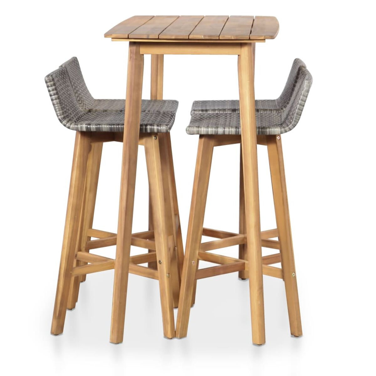 Bartisch und zwei Barhocker, Holzrahmen, gewebter Sitz. Weißer Hintergrund.