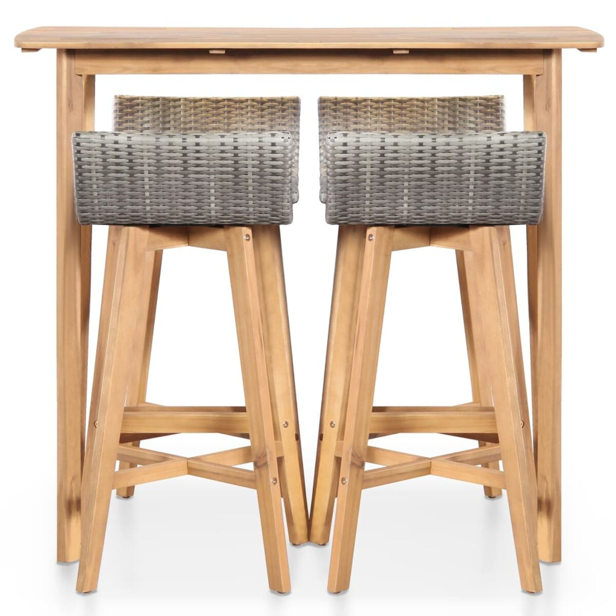 Holz-Bartisch mit zwei Barhockern mit grauen gewebten Sitzen, alles auf weißem Hintergrund.
