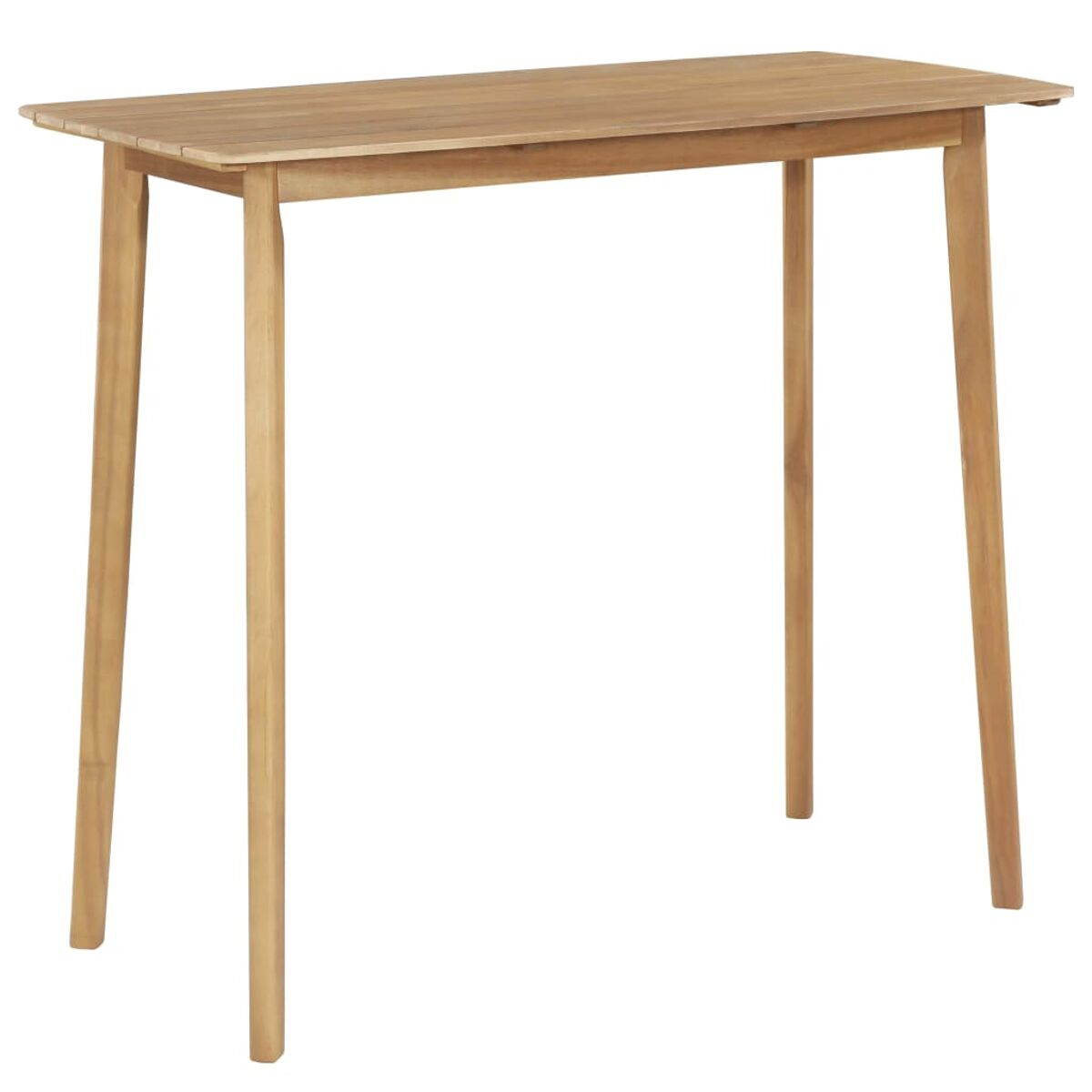 Ein hellbrauner Holztisch mit vier Beinen. Die Oberseite hat mehrere Holzbretter.