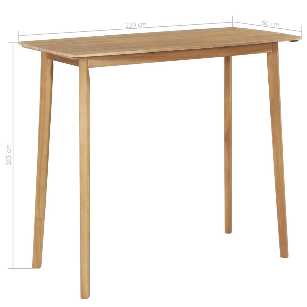 Rechteckiger Holztisch mit vier Beinen, mit Maßangaben, weißer Hintergrund.