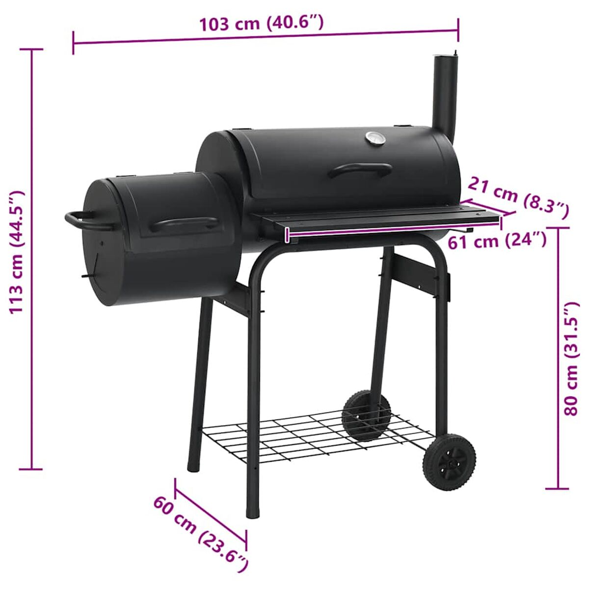 Una griglia per barbecue nera con un affumicatore laterale e ruote, con indicazioni dimensionali.