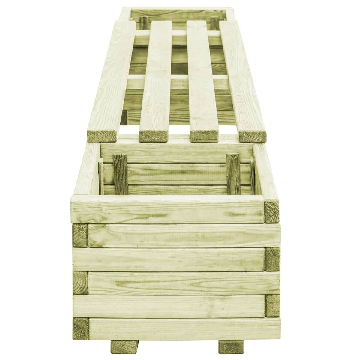 Ein hölzerner Pflanzkasten mit Holzlatten und einem Holzsockel. Er ist leer.