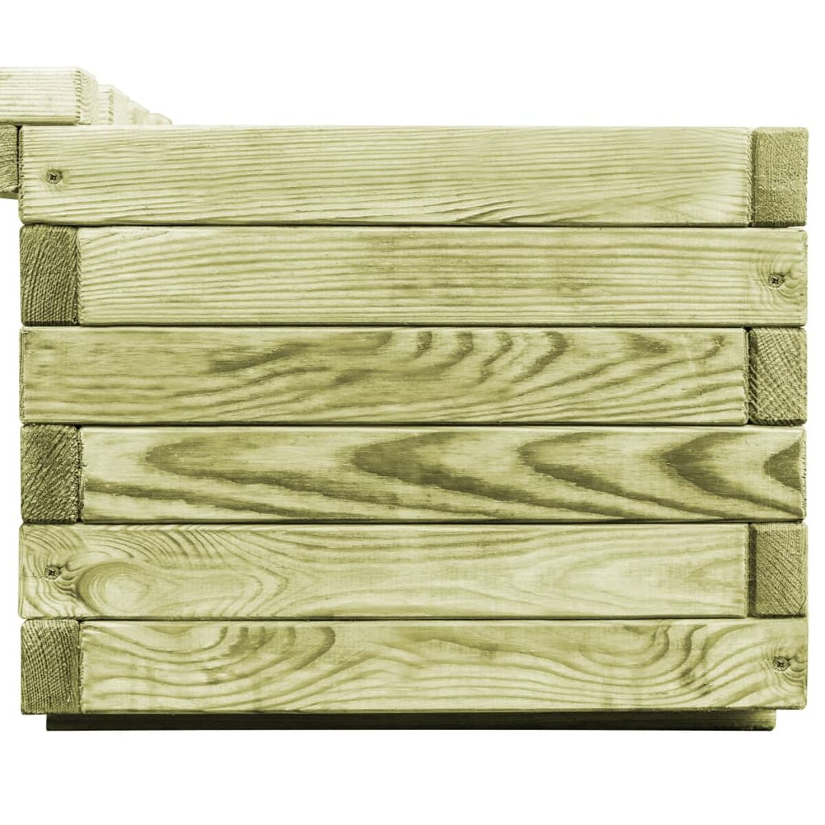 Holzpflanzkasten aus horizontalen Brettern, hellgrüne Farbe, Nahaufnahme.
