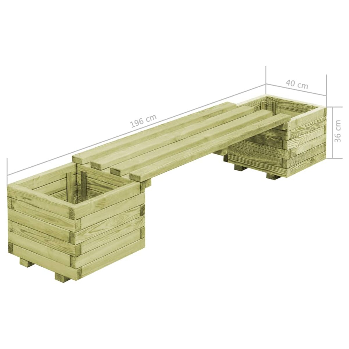 Zwei verbundene, erhöhte Hochbeete aus Holz mit beschrifteten Abmessungen. Sie sind leer und bereit zum Bepflanzen.