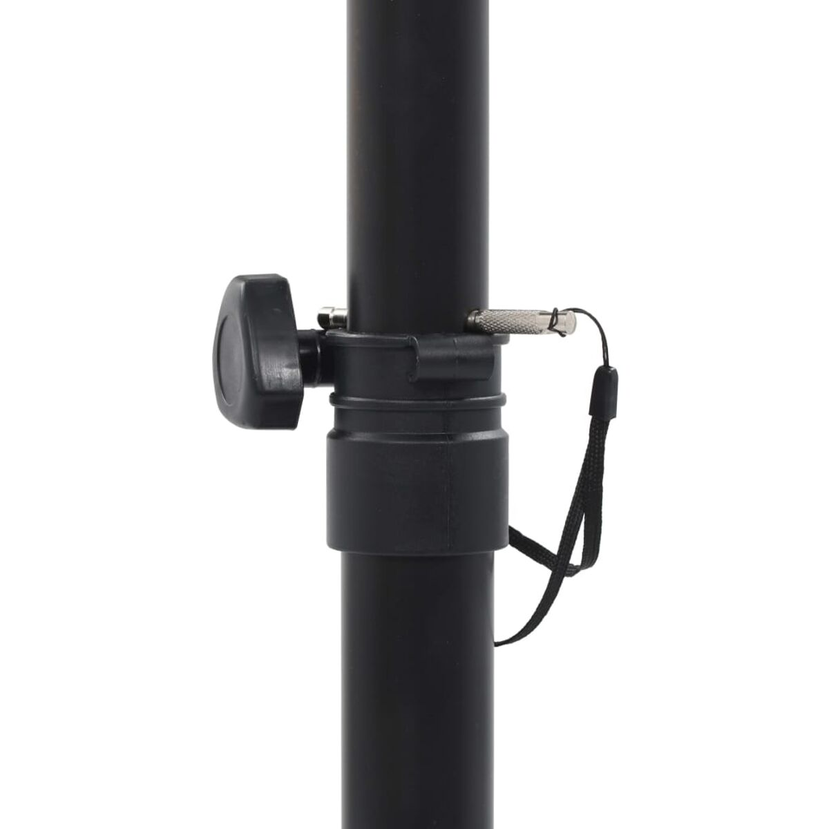 Einstellmechanismus für schwarze Metallstange mit schwarzem Knopf, auf weißem Hintergrund.