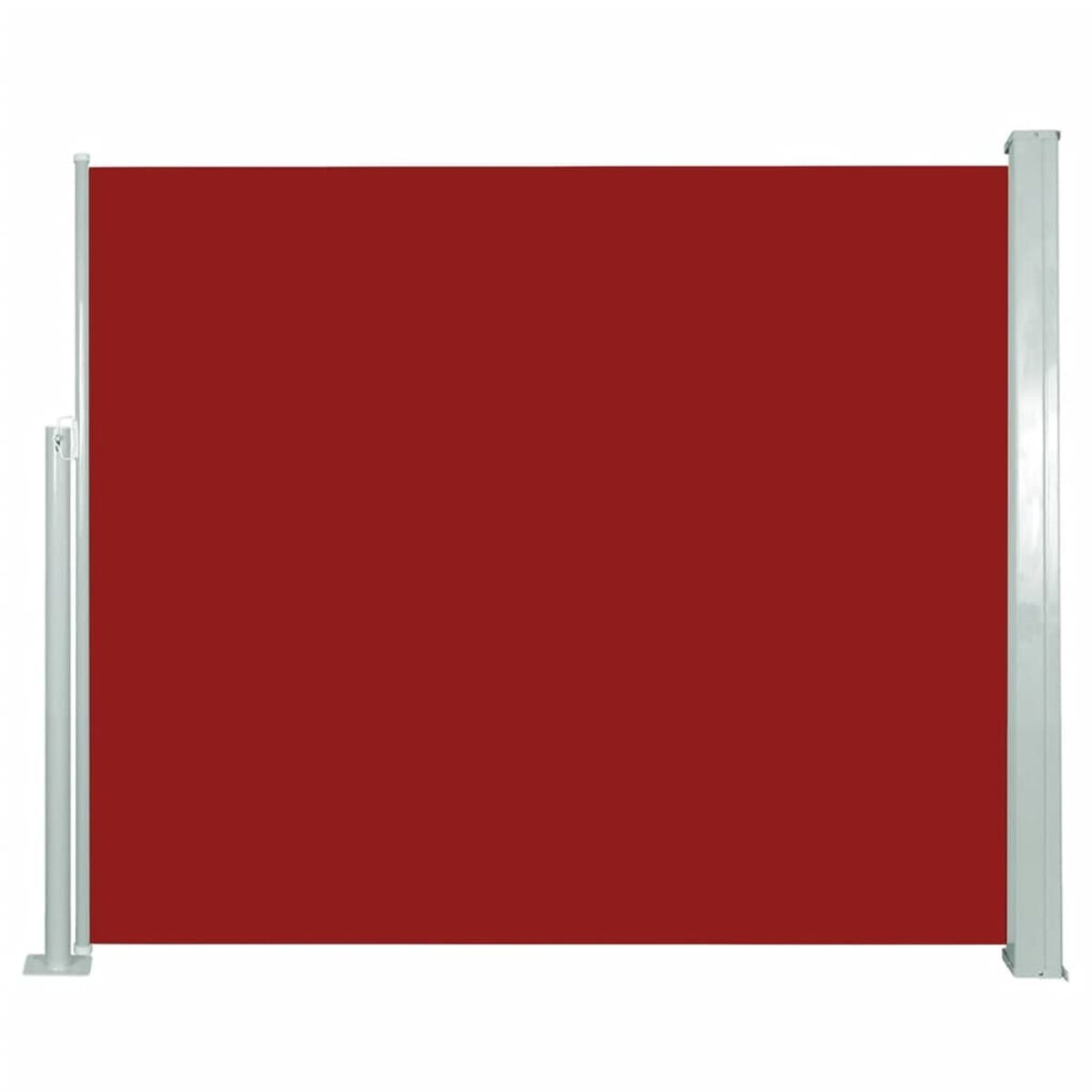 Eine rote, einziehbare Seitenmarkise. Ein weißer Rahmen befindet sich auf beiden Seiten. Weißer Hintergrund.