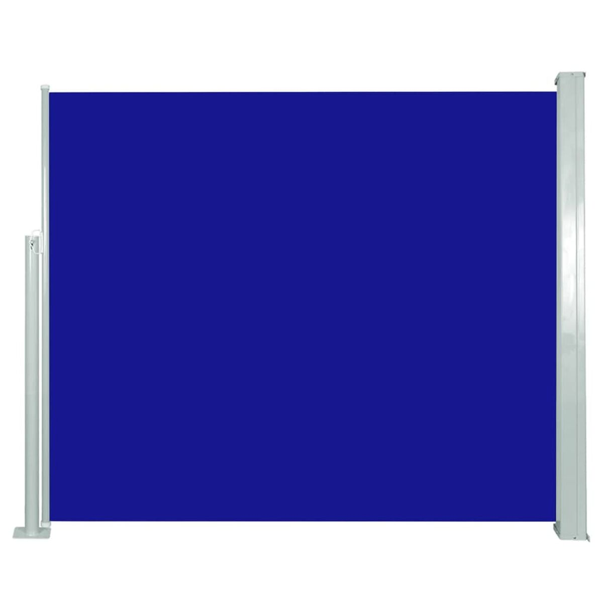 Blauer Sichtschutz für den Außenbereich. Es ist eine feste Tafel mit silbernen Pfosten.