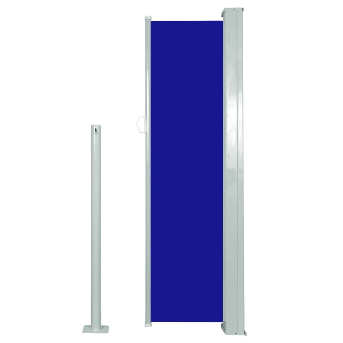 Ein blauer Outdoor-Sichtschutz mit weißem Rahmen und Pfosten links.