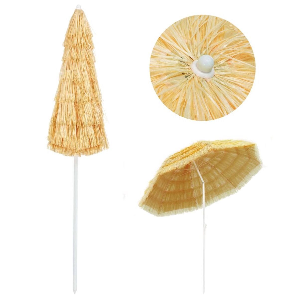 Miniatur-Strandschirm, zwei Ansichten, weißer Pfahl, gelber Fransen.