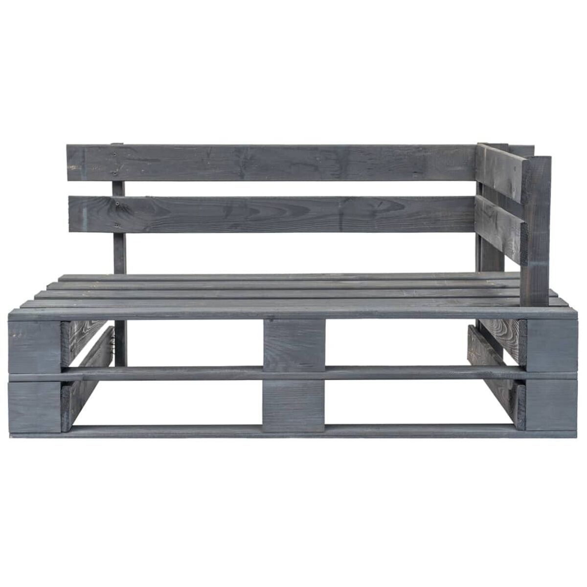 Graues Holzpalettensofa. Die Bank hat eine Rückenlehne und eine Armlehne auf der rechten Seite.