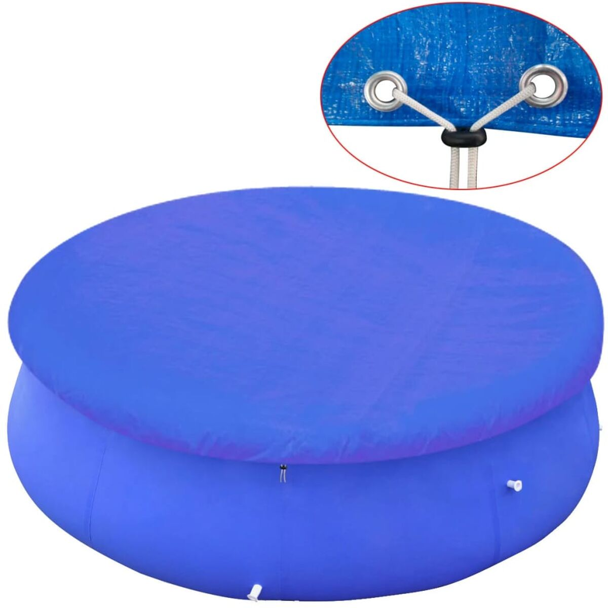 Blaue Poolabdeckung auf einem blauen Pool. Nahaufnahme zeigt Ösen und einen Kordelzug.